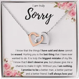 Interlocking Heart Necklace for Women, Elegant Surgical Steel & Rose Gold Finish Jewelry with CZ Crystals, Apology or Anniversary Gift with Message Card, Adjustable 18"-22", 0.6" Height
