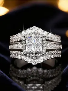 Women's Square Five-In-One Ring, Stackable Engagement Ring, 925 Silver Color Material, Cubic Zirconia Inlay, Halo Design, Perfect Gift for Girlfriend or Wife