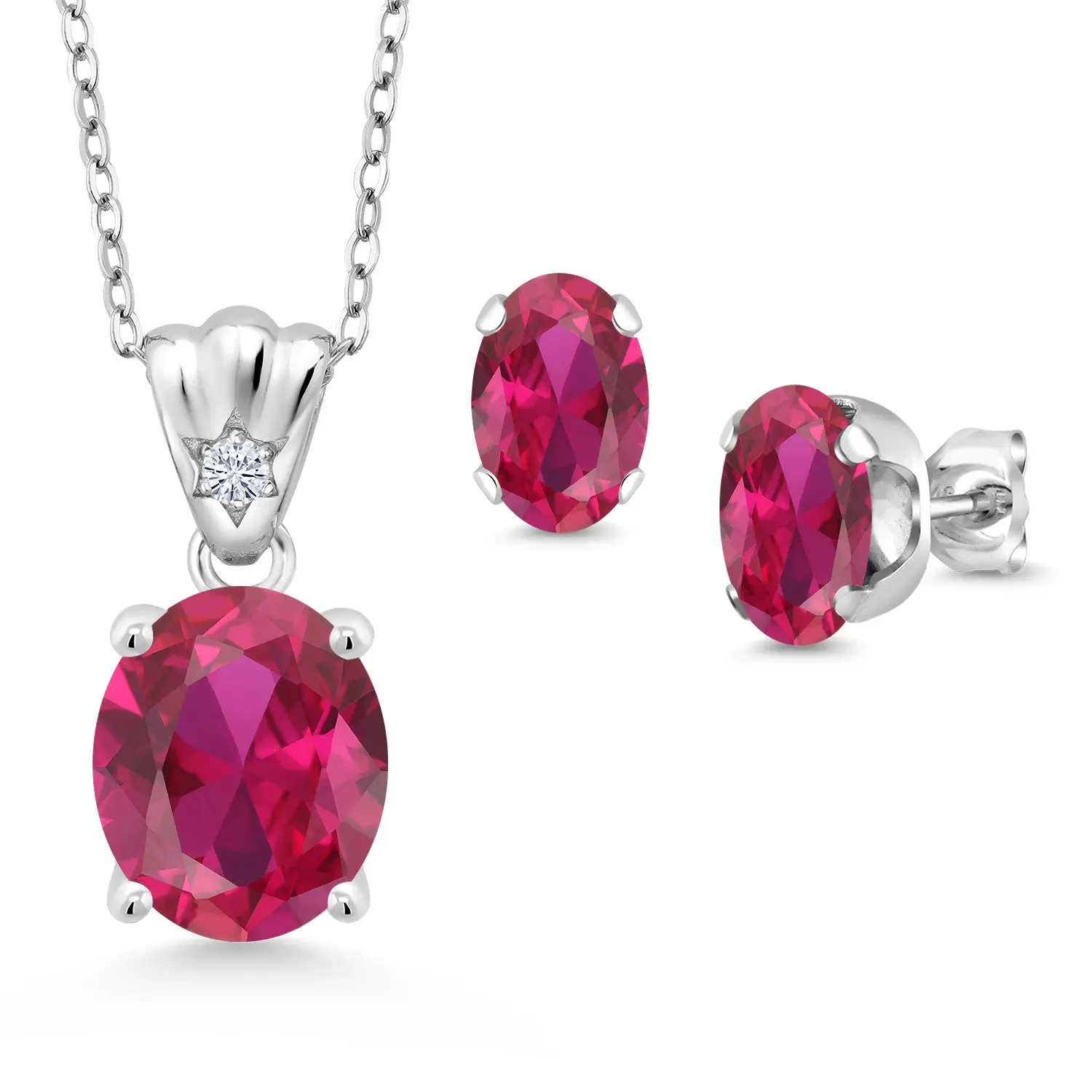 GEM STONE KING Women's 925 Sterling Silver Necklace Gift Set - Red Created Ruby Accents, White Lab Grown Diamonds, 6.74 Cttw Total Weight, Oval 11x9mm & 8x6mm, 18-in Chain, Formal Adults' Anniversary/Birthday Pendant Necklace Set