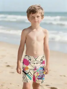 Graffiti Soda Pop shorts with digital printing, 100% polyester. A brand-new summer fashion item specially designed for boys, featuring handsome boys' beach pants, summer casual children's clothing, and outdoor sports beach shorts.