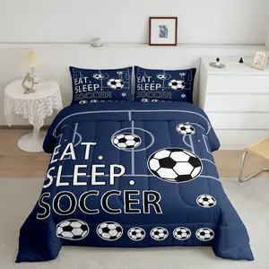 Soccer Designer Comforter Set,Football Luxury Bedding Set for Boys Girls Teens,Navy Blue Unique Duvet Set,Soccer Ball Game Quilt Set