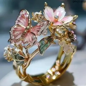 Drip Glaze Butterfly Open Ring, Adjustable Finger Band With Floral Decoration, Classic New Color Design, Suitable For Daily Wear, Party Dating And Engagement Occasions, Stylish Minimalist Fashion Jewelry For Women