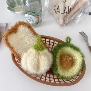 [3-Pack] Kitchen Cleaning Dishcloths Imitation Garlic Bread Dishcloths Avocado Scouring Pads Hand-Woven Cloths Sponges for Efficient Cleaning