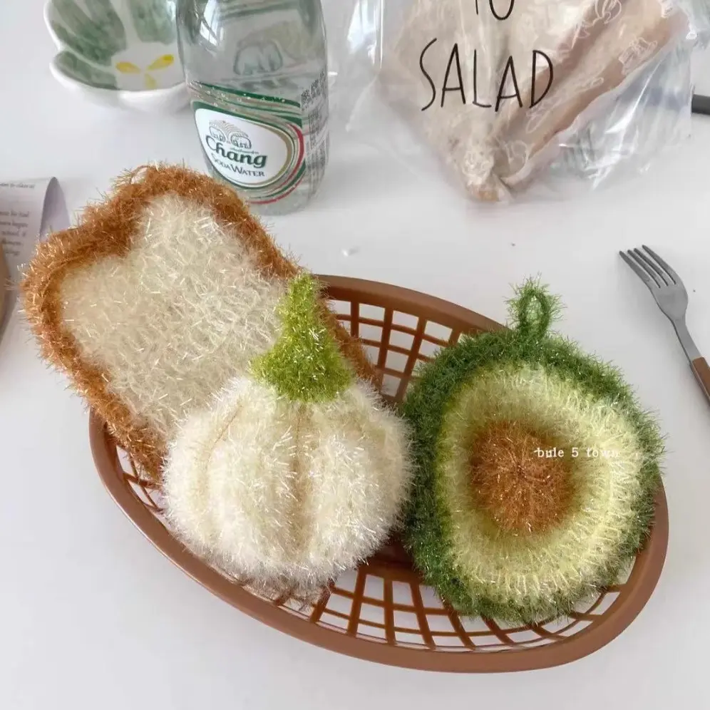 [3-Pack] Kitchen Cleaning Dishcloths Imitation Garlic Bread Dishcloths Avocado Scouring Pads Hand-Woven Cloths Sponges for Efficient Cleaning Fun Unique Design