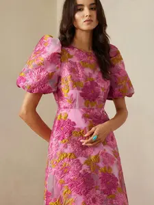 Aveloria Rosie French Romantic Rose 3D Floral V-Neck Petal Sleeve Cinched Waist Dress For Women