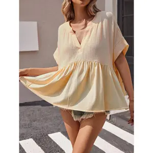 Imily Bela Womens Summer Babydoll Tops V Neck Short Sleeve Pleated Flowy Shirts Casual Loose Fit Peplum Blouse