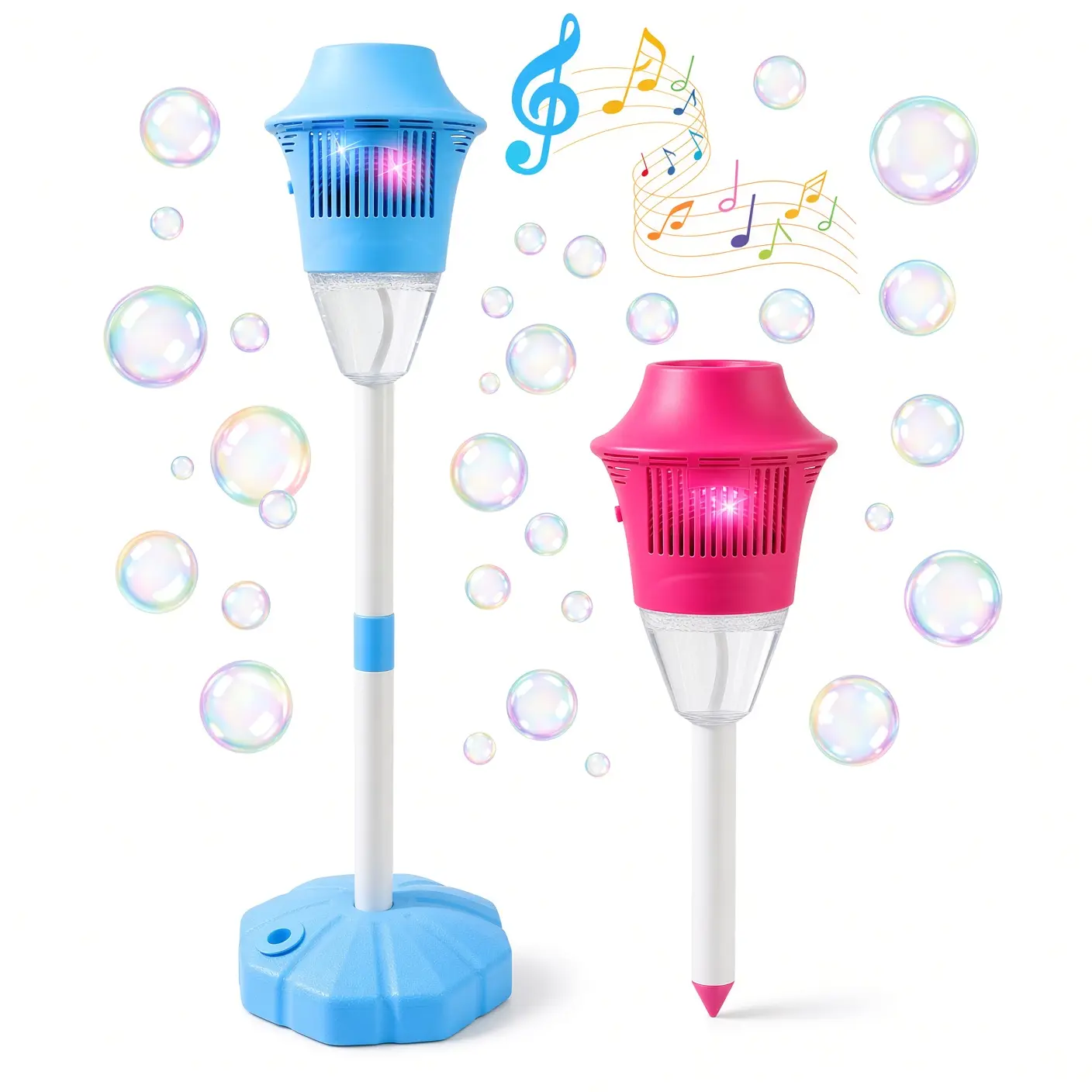 Bubble Machine with Stand for Kids, Automatic Bubble Blower with Lights and Music, Adjustable Height, Base and Ground Stake for Outdoor Backyard Play and Birthday Parties