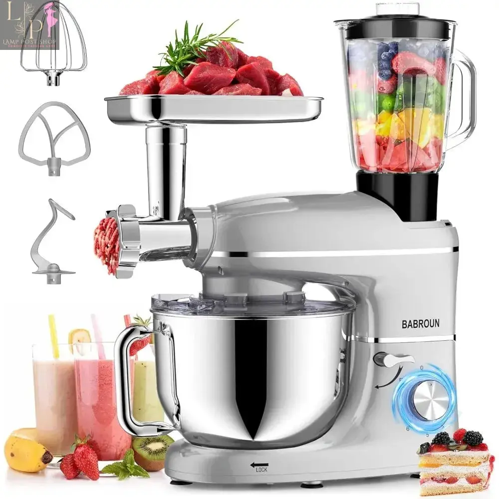 6-IN-1 Electric Kitchen Mixer with 6.5QT Bowl, Glass Jar, Meat Grinder