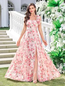 Women's Sleeveless Square Neck Backless Floral Dress Womenswear with Detachable Handmade Flower Decoration, High Slit Elegant Chiffon Formal Bridesmaid Gown
