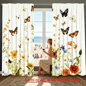 2-piece Bohemian style curtains decorated with butterfly flower patterns, suitable for living room, dining room, and bedroom decoration, durable polyester material semi transparent curtains