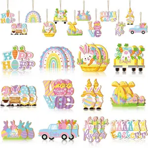 24pcs Easter Wooden Decorations Hanging Retro Spring Decorations, Rabbit Carrot Chicken Butterfly Ornaments Decorative Props for Home Decoration, Party Decoration Supplies