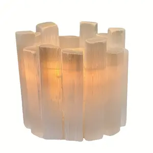 Moroccan plaster candlestick, natural crystal tea candlestick, irregular cylindrical selenite crystal lamp, handmade and reusable candlestick, suitable for holiday wedding table decoration, yoga, home decoration