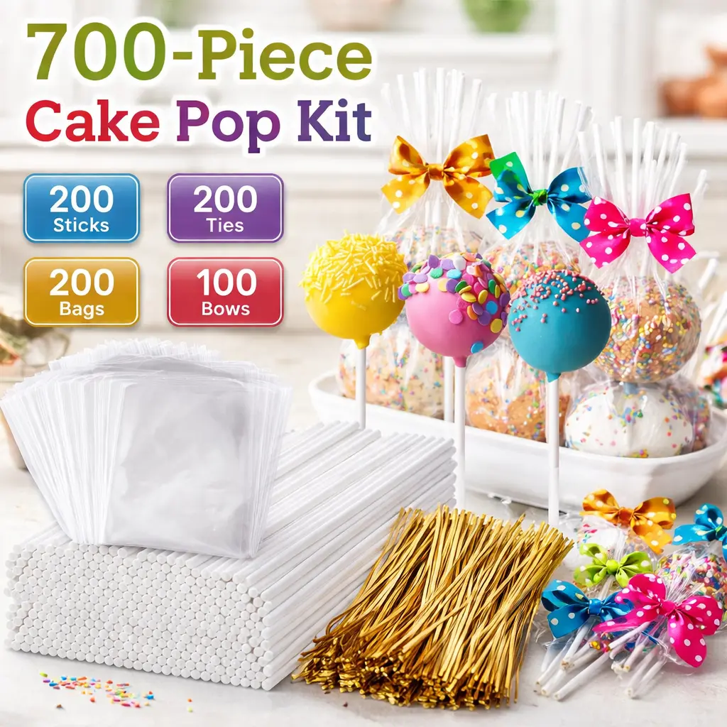 700 Pcs Cake Pop Making Kit, 6 Inch Lollipop Sticks with Clear Treat Bags & Gold Twist Ties – Candy Supplies for Chocolates Cookies