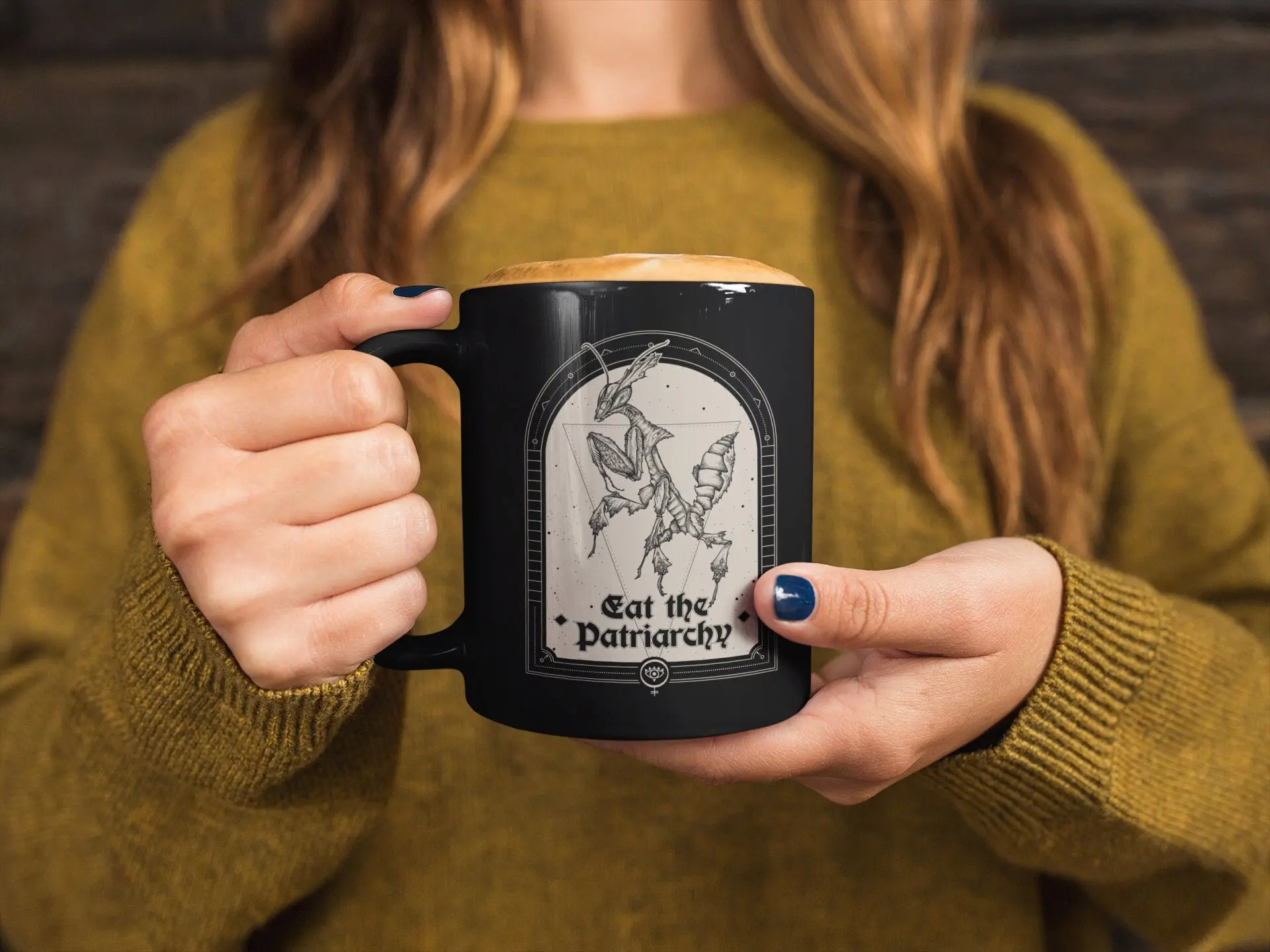 Eat the Patriarchy Mug,Witchy radical feminist revolution praying mantis pro-choice coffee cup,Gothic girl power esoteric insect teacup gift