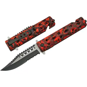 Supplies Assisted Opening Skull Knife - 8.5" Red & Black Tactical Folding Knife with Stainless Steel Blade, Seat Belt Cutter, Glass Breaker, and Pocket Clip - Skull Design EDC Knife