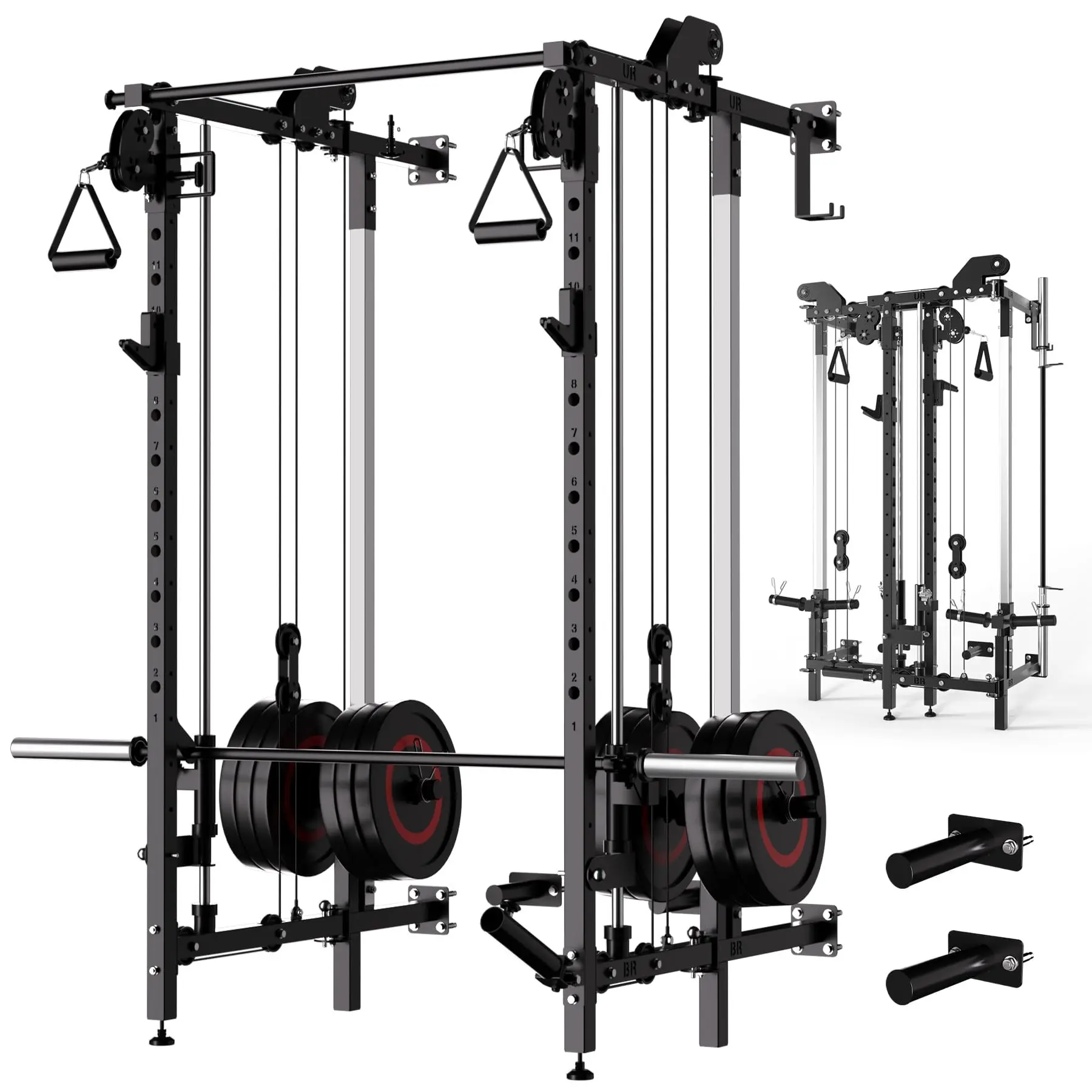 Garvee Wall Mount Smith Machine and Folding Power Rack with Independent Dual Pulley System, Multi-Function Squat Rack, Heavy Duty Power Cage for Home Gym Strength Training