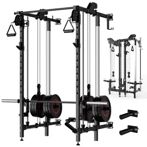 Garvee Wall Mount Smith Machine and Folding Power Rack with Independent Dual Pulley System, Multi-Function Squat Rack, Heavy Duty Power Cage for Home Gym Strength Training