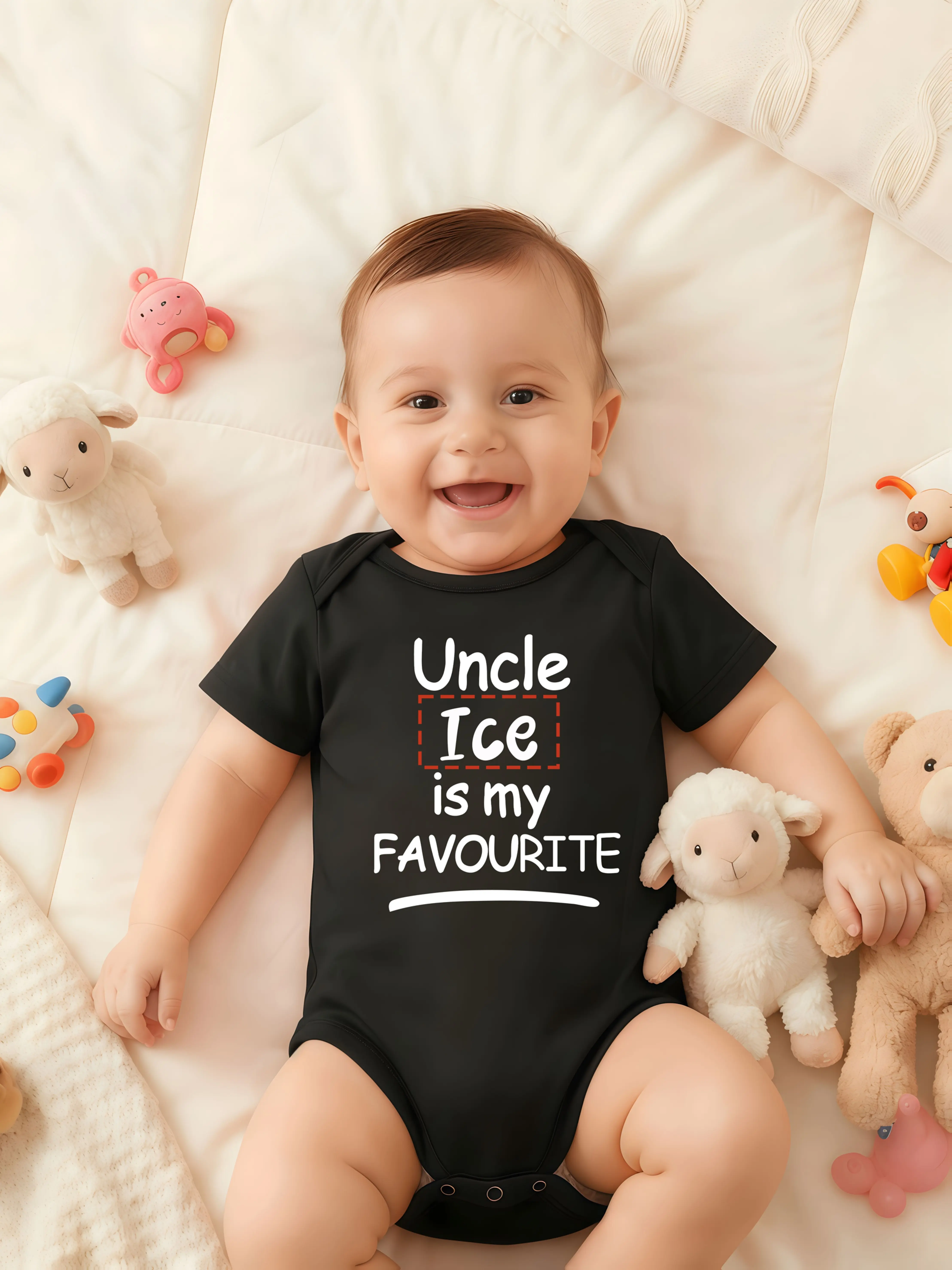 Customizable Short‑Sleeve Baby Bodysuit, Uncle Is My Favourite Personalized Name Print Black Soft Cotton Infant Onesie