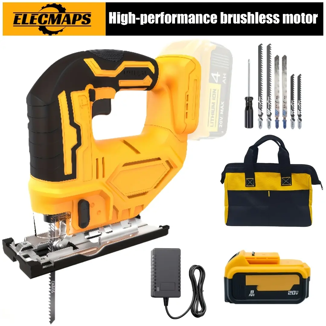 ELECMAPS Cordless Handheld Oscillating Saw - Yellow & Black Design, LED Work Light, 0°-45° Bevel Cutting, 3 Orbital Settings for Straight/Curve/Circular Cuts, Includes Screws & Wrench (Battery Not Included), Includes Wrench