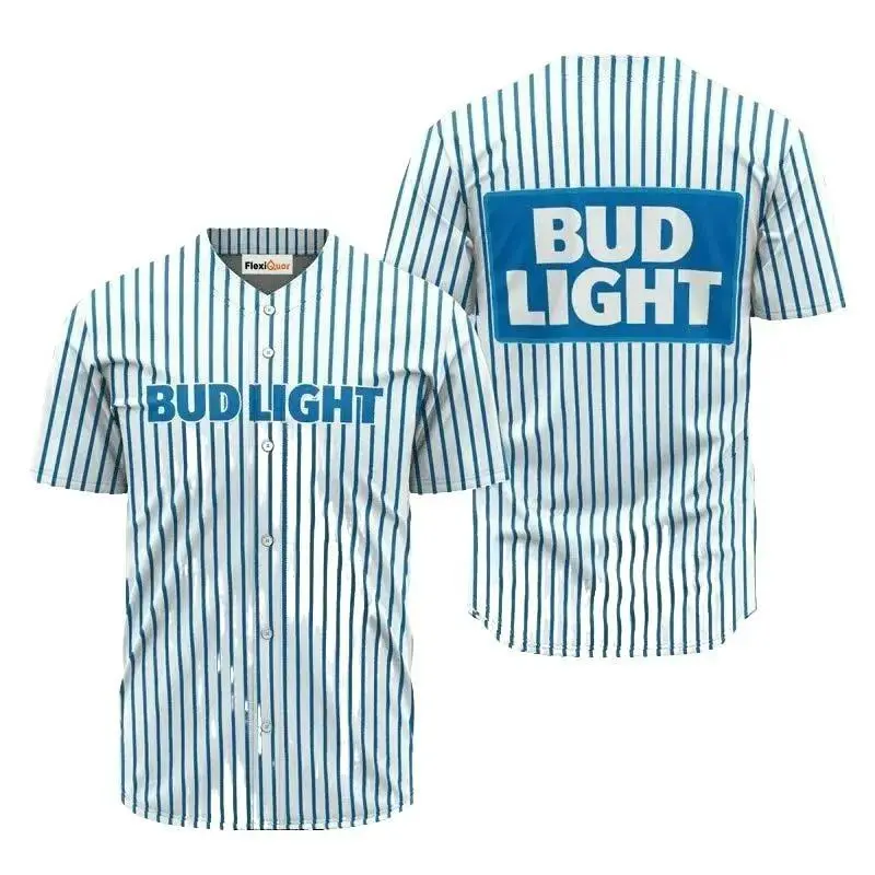 Bud Light Blue And White Striped Jersey Shirt, Bud Light Classic Sport Style Unisex Baseball Jersey - Button Down Front, Contrast Sleeves, Relaxed Silhouette, Lightweight Breathable Material, Bold Details That Pop
