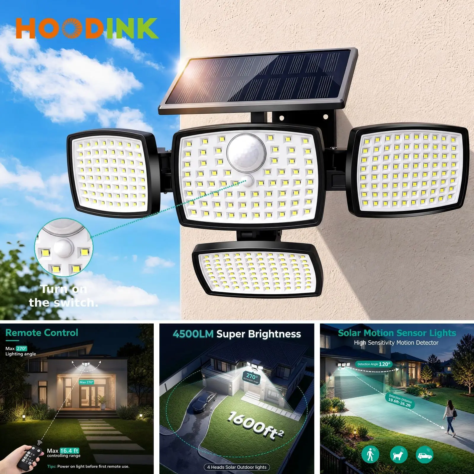 Hoodink Solar Outdoor Wall Light - 4500LM Flood Beam, 306LED 4-Heads Motion Sensor, Remote Control, 270°Wide Angle, IP65 Waterproof, Easy Install, 3 Modes, Solar No Wiring, Adjustable Flood & Spot Lighting, Outdoor Lighting Solutions for Backyard