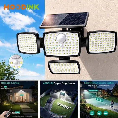 Hoodink Solar Outdoor Wall LED Lights - 4-Head Wide Coverage, 306LED 4500LM Beam, 270°Wide Angle, Motion Sensor, Remote Control, IP65 Waterproof, Easy Install Quick Setup, 3 Modes, No Wiring, Adjustable Flood & Spot, Lights for Outdoor Backyards