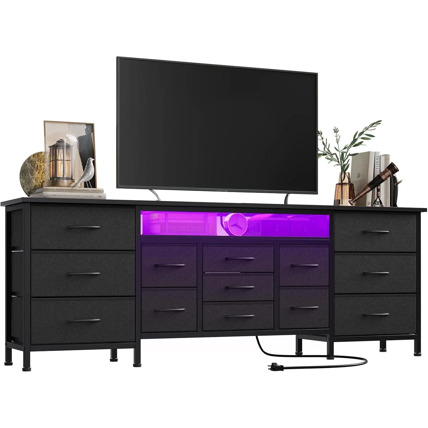 70" Sturdy LED TV Stand with Power Outlet, Fabric Drawers, Charging Station & LED Lights - Fits 65-80 inch Screens, TV Console Table for Bedrooms, Indoor Furniture Media Unit
