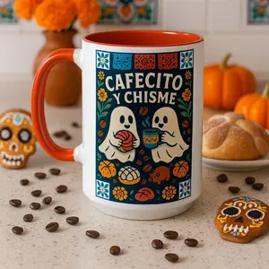 Cafecito y Chisme Coffee Cup 15oz Holiday Ghost Concha Pan Dulce Ceramic Mug Dia De Los Muertos Funny Holiday Gift for Latina Mom Abuelita Dishwasher Microwave Safe Unique Design Drinkware Tumbler