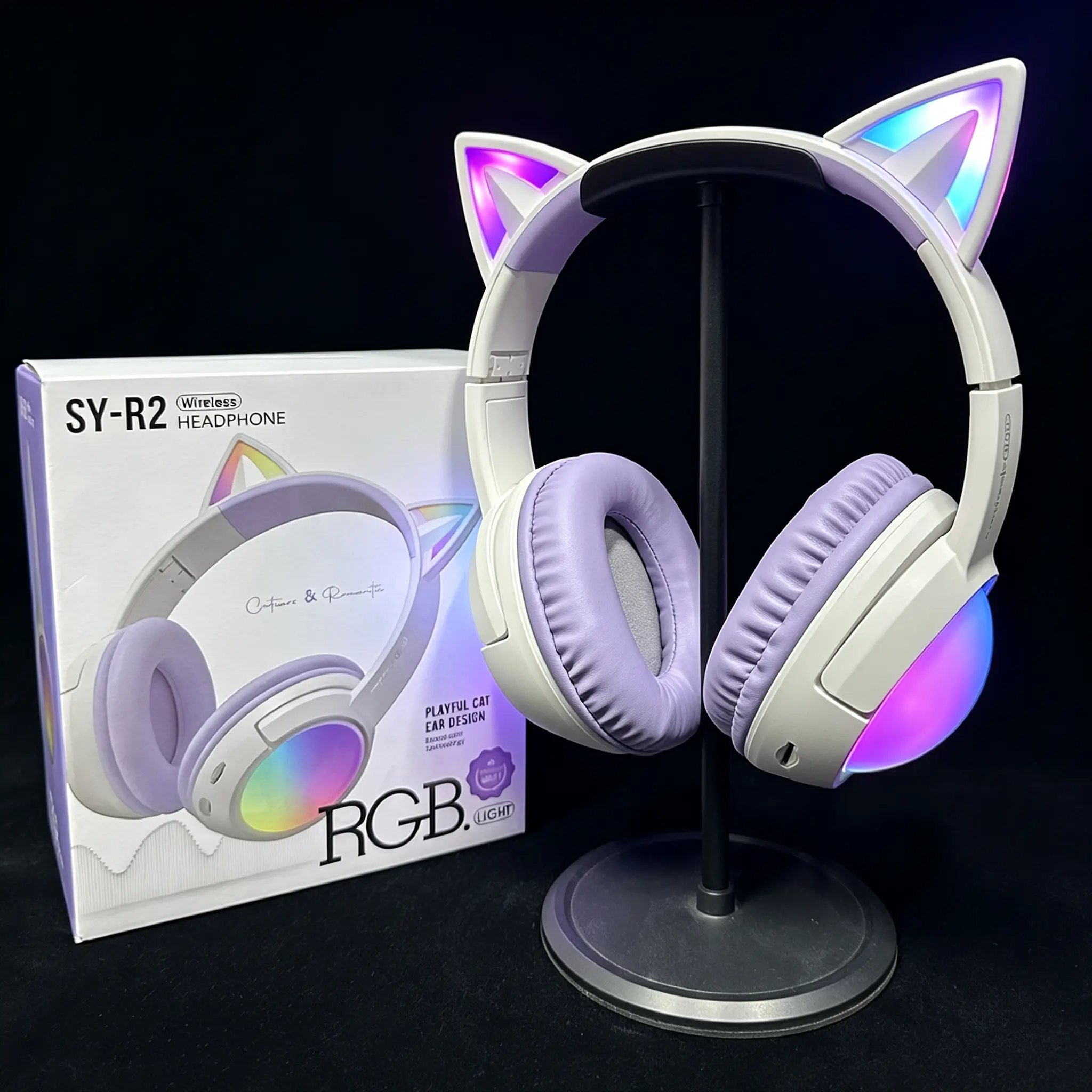 Cute Glowing Headset Wireless Headphones with Colorful LED Lights And Comfortable Ear Pads, Foldable Headphones with SD Card Slot, Suitable for Tablets, Mobile Phones, Travel, Birthday, Easter, Christmas Gifts, Gaming, Running, Pink