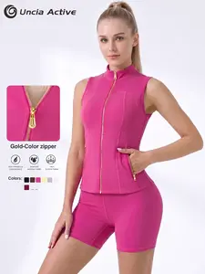 UnciaActive Women's 2-Piece Minimalist Gold-Color Zipper Vest & Tight Above-The-Knee Shorts Set - Airlayer Fabric, High Elasticity Workout Matching Sets for Women, Yoga, Gym Outfits, 2 Piece Sets