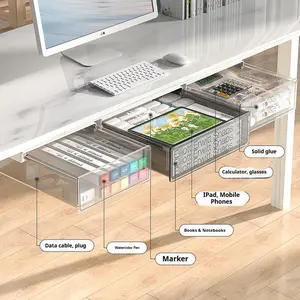 Desk Underneath Drawer Storage Box, Large Capacity Office Desk Bottom Hidden Organizer, Desktop Workstation Essential, Clear Multilayer Storage