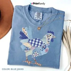 Comfort Colors Easter Faux Patchwork Chicken T-Shirt (Printed Not Embroidered), Retro Farmhouse Graphic Tee, Cute Spring Easter Shirt - Printfamily