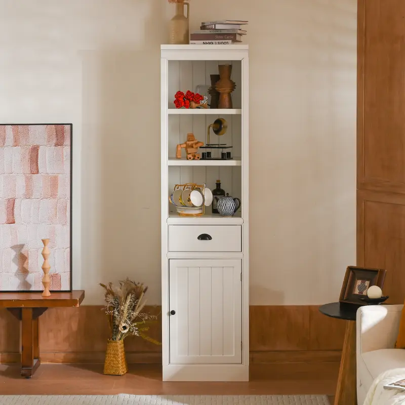 19.5" Narrow Premium MDF Construction Bookshelf, 75" Tall Cabinet with Door & Drawer for Hallways, Living Room, Art Crafts Display Shelf, White Indoor Furniture Racks