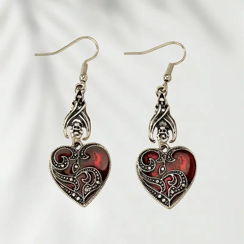 Gothic Heart Shaped Dangle Earrings for Women, Funky Punk Red Enamel Jewelry with Skull, Hypoallergenic Tarnish-Resistant Casual Earrings for Party & Daily Wear, Heart Shaped Earrings