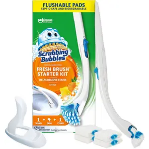 Scrubbing Bubbles Toilet Bowl Brush and Holder with Cleaner Refill Pads, Fresh Brush Toilet Wand Starter Kit, Cleans Limescale & Fights Odors, Citrus Scent, 1 Wand + 4 Refills + 1 Stand