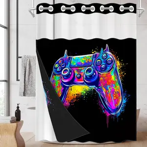 1pc hookless shower curtain with buckle lining, colorful splatter game controller design 2D flat printing, fabric waterproof lining, see-through double-layer shower curtain, 71 x 74 inches, modern home curtain decoration, Shower Curtain Liner