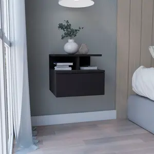 【GOOGREAT】Floating Nightstand 12"H, Wall Mounted with Single Drawer and 2-Tier Shelf, Black