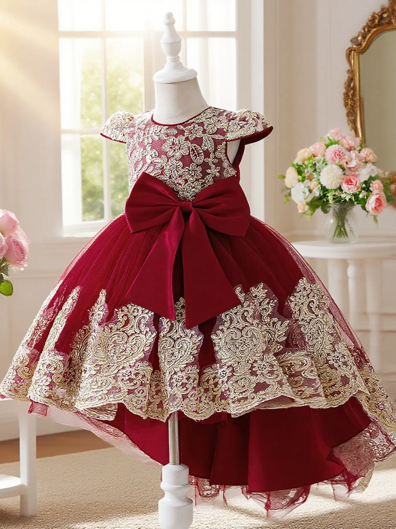 Champagne color dress with floral embroidery train design elegant and beautiful dress suitable for girls birthday party anniversary and prom