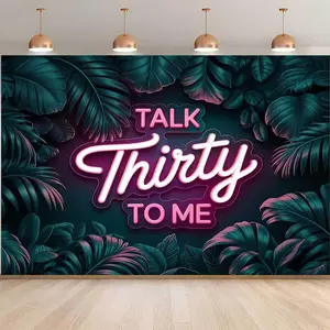 1pc 2D Flat TALK Thirty to ME Neon Tropical Leaf Backdrop Banner - 30th Birthday Party Decor, Photography Studio Prop with Vibrant Pink & Teal Design for Indoor/Outdoor Celebrations, Birthday Party Decorations