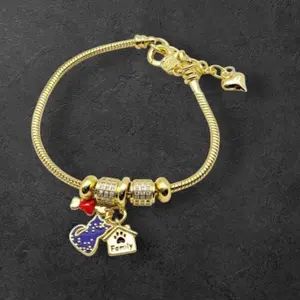 Gold-Tone Charm Bracelet with Dog Paw & Heart Charms for Pet Lovers Ajustable