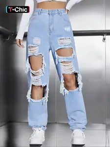 Women's High Waisted Ripped Frayed Denim Light Wash Jeans, Fashion Casual Style Distressed Straight Leg Fit Denim Pants, Destroyed Hole Jeans, Lady Bottoms Womenswear for Daily Wear Streetwear