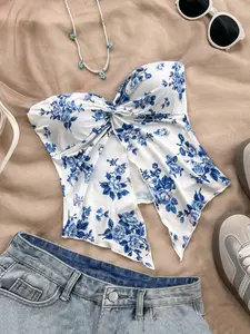 Soleia Women's Vacation Floral Print Halter Crop Top With Front Slit, Comfortable Chiffon Top, Suitable For Afternoon Tea, Graduation, Casual Wear, Beach, Party