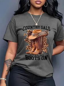 Women's Summer Top Western Cowboy Girl Pattern T-Shirt - Red Country Music Design, Comes with Boots and Hat, Casual Summer T-Shirt, Blend, Machine Washable, Western T-Shirt 180g