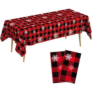Christmas Tablecloth, 2 count 108" x 54" Christmas Checkered Tablecloth Plastic Red Black Buffalo Plaid Rectangle Red Table Cover Disposable Snowflake Table Cloth for Xmas Party Decor Winter Holiday