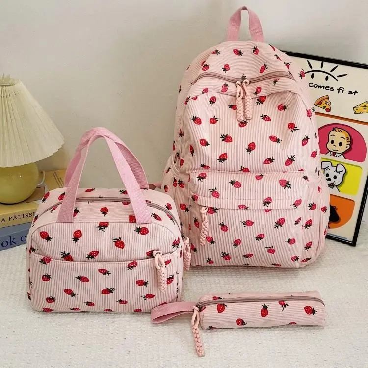 Korean Style Corduroy Backpack Three Piece Set, Cute Strawberry Print Sweet Fashion Shoulder Bag for College Students, Women Travel Daypack