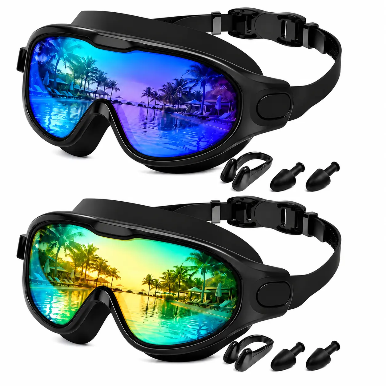 2-Pack Adult Swim Goggles, Wide View Anti-Fog Swimming Goggles with UV Protection, Soft Silicone Seal, Quick-Adjust Strap & Earplugs for Pool, Beach, Training & Water Sports