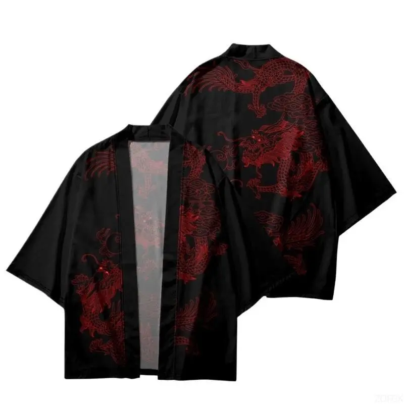 Summer Couple Women Men Japanese Streetwear Red Chinese Dragon Printed Black Kimono Beach Shorts Traditional Cardigan Yukata