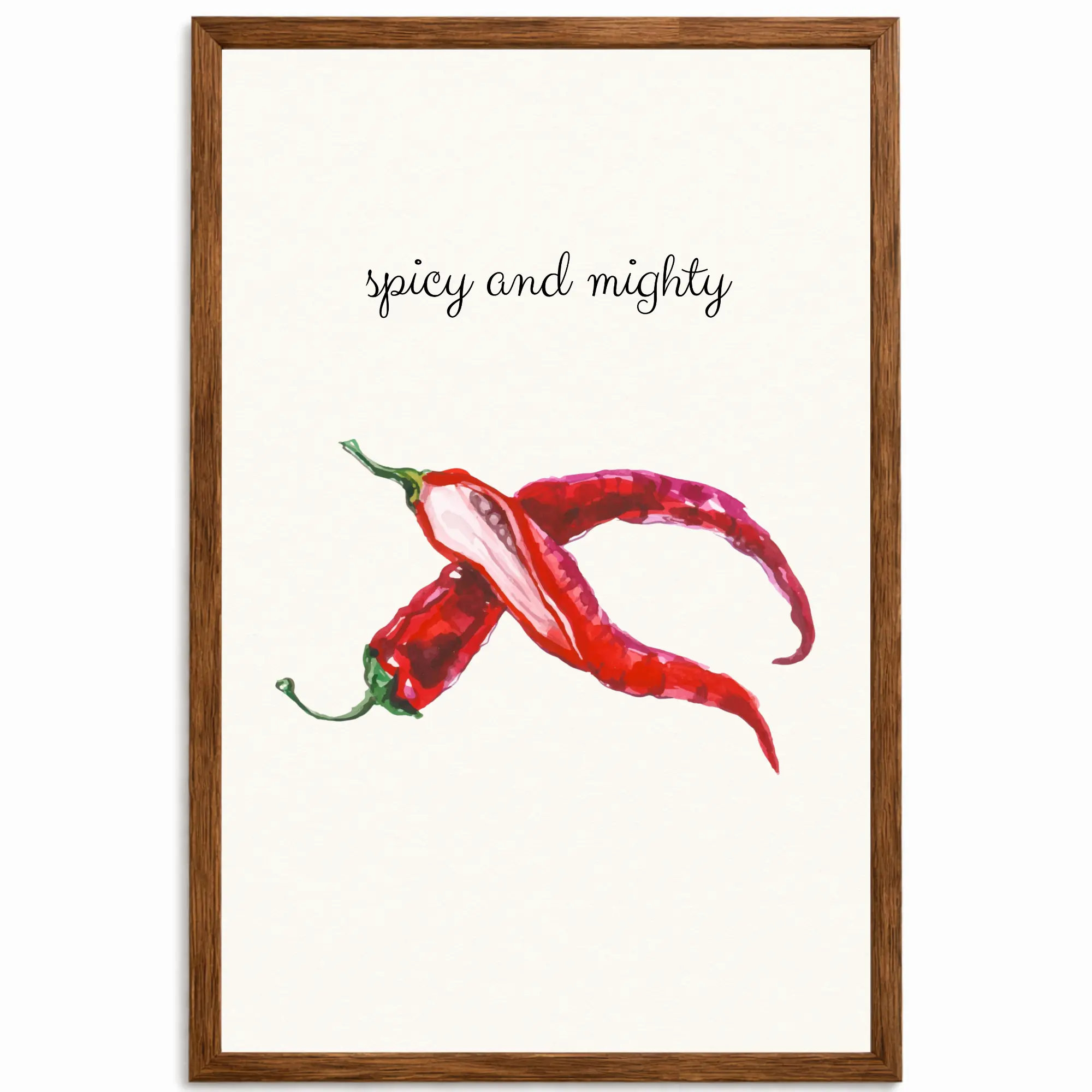 Spicy and Mighty Framed Kitchen Wall Art – Red Chili Pepper Poster in Frame, Funny Food Quote Print, Watercolor Kitchen Decor, 11x17 Ready to Hang