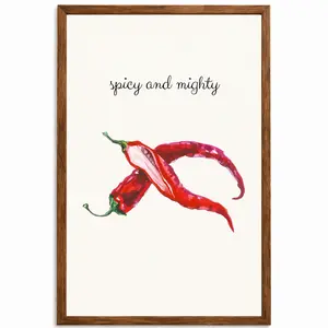 Spicy and Mighty Framed Kitchen Wall Art – Red Chili Pepper Poster in Frame, Funny Food Quote Print, Watercolor Kitchen Decor, 11x17 Ready to Hang
