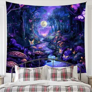 Tapestry  Forest Mosaic Pattern Tapestry, Tapestry Wall Mural, 1 Count Butterfly & Mushroom Print Hanging Blanket, Wall Hanging Decor For Living Room & Bedroom